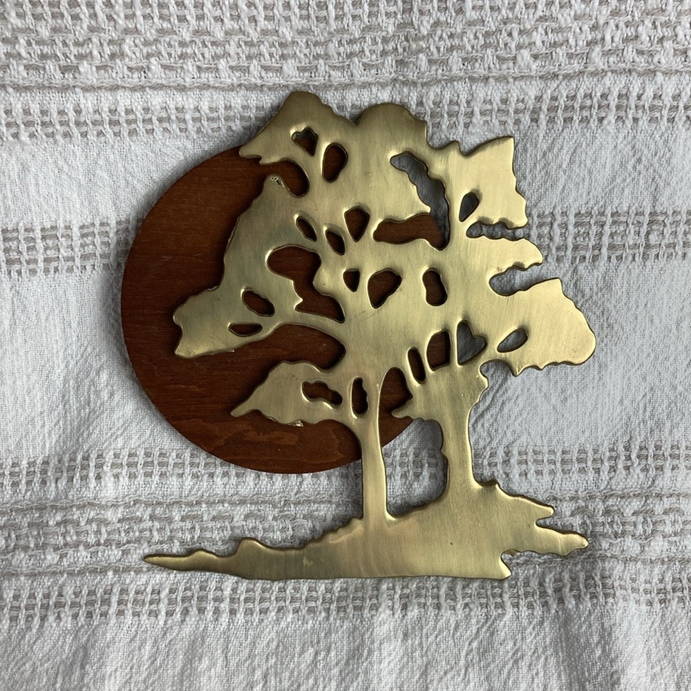 Solid Brass Bonsai Tree of Life and Wood Full Moon Wall Art